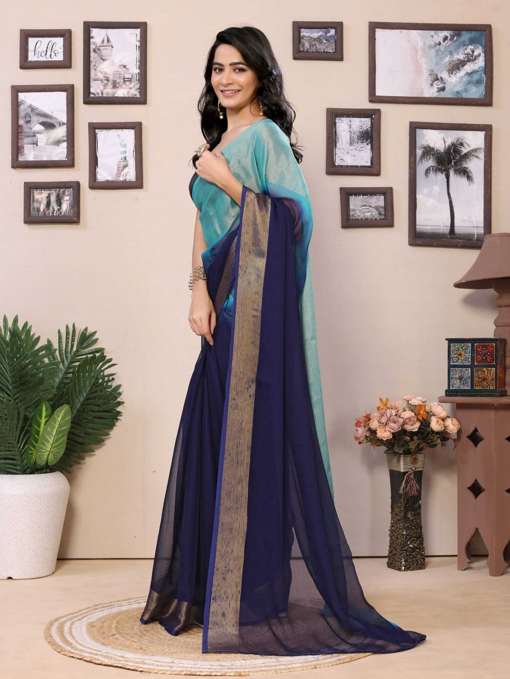 Ready to wear multi plain chiffon saree with woven stripe work - Image 2