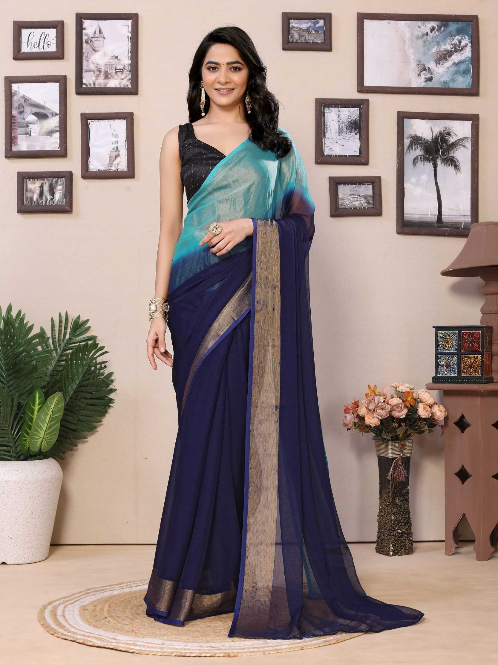 Ready to wear multi plain chiffon saree with woven stripe work