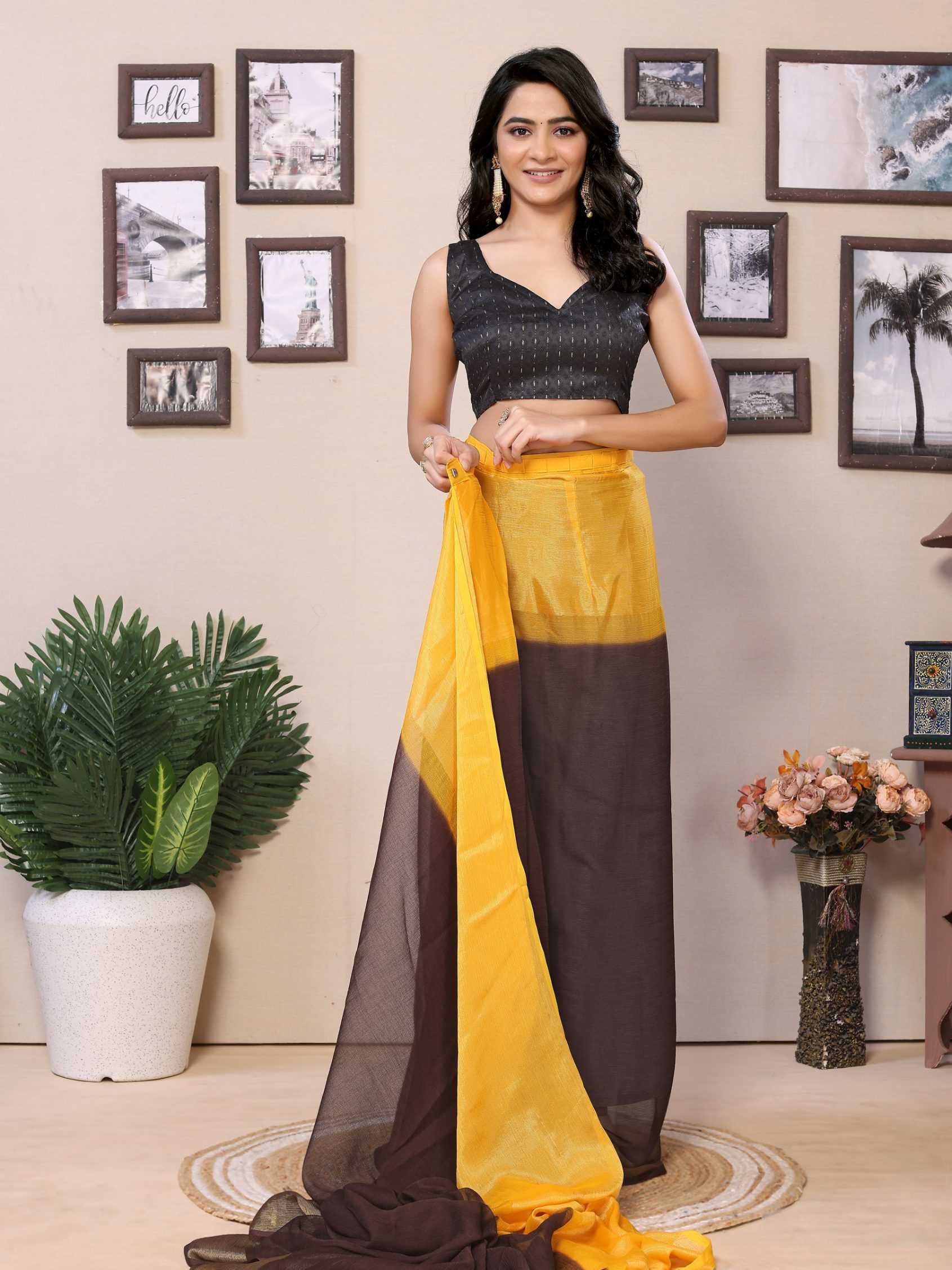 Yellow Ready to wear multi plain chiffon saree with woven stripe work - Image 6