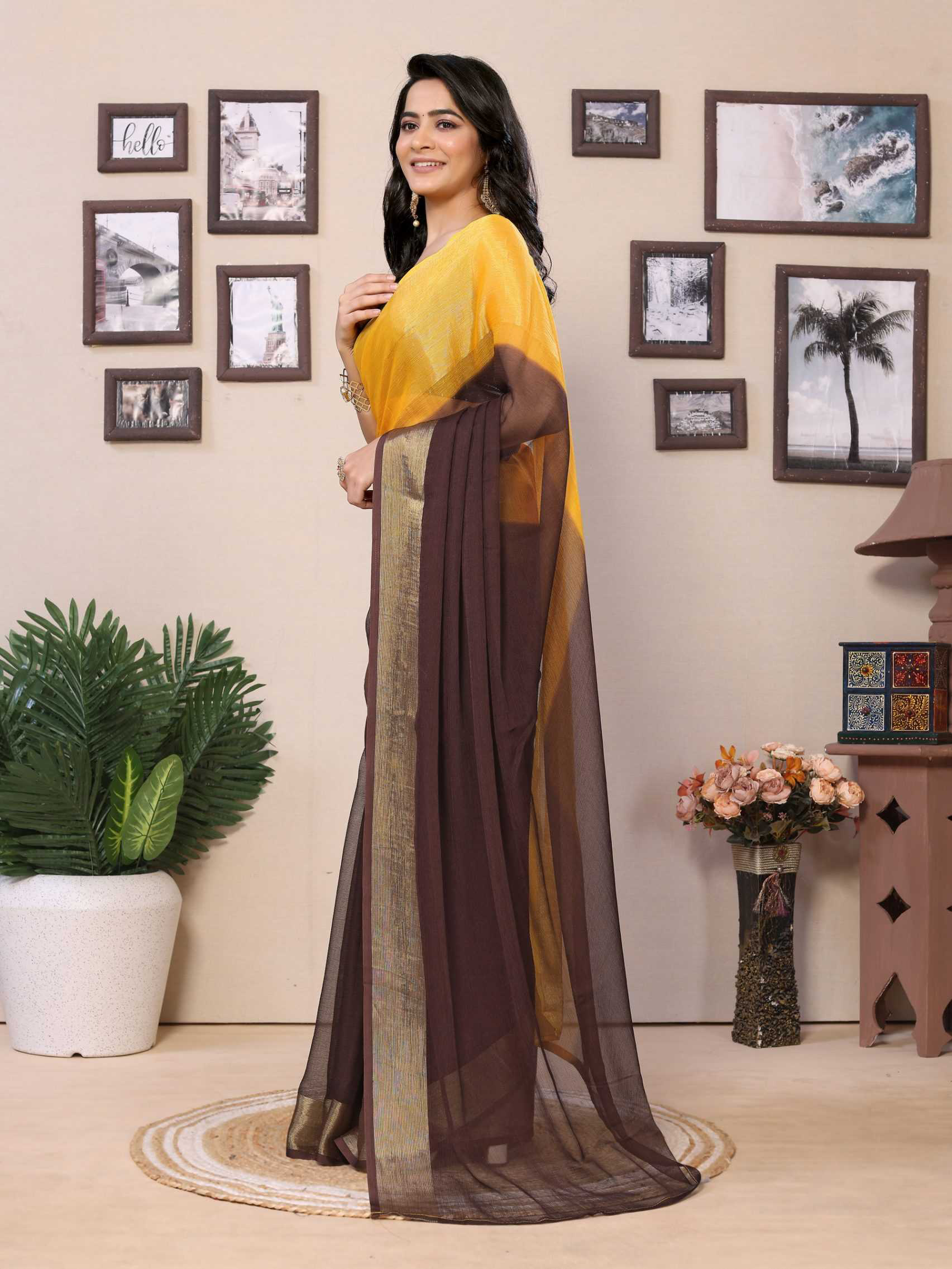 Yellow Ready to wear multi plain chiffon saree with woven stripe work