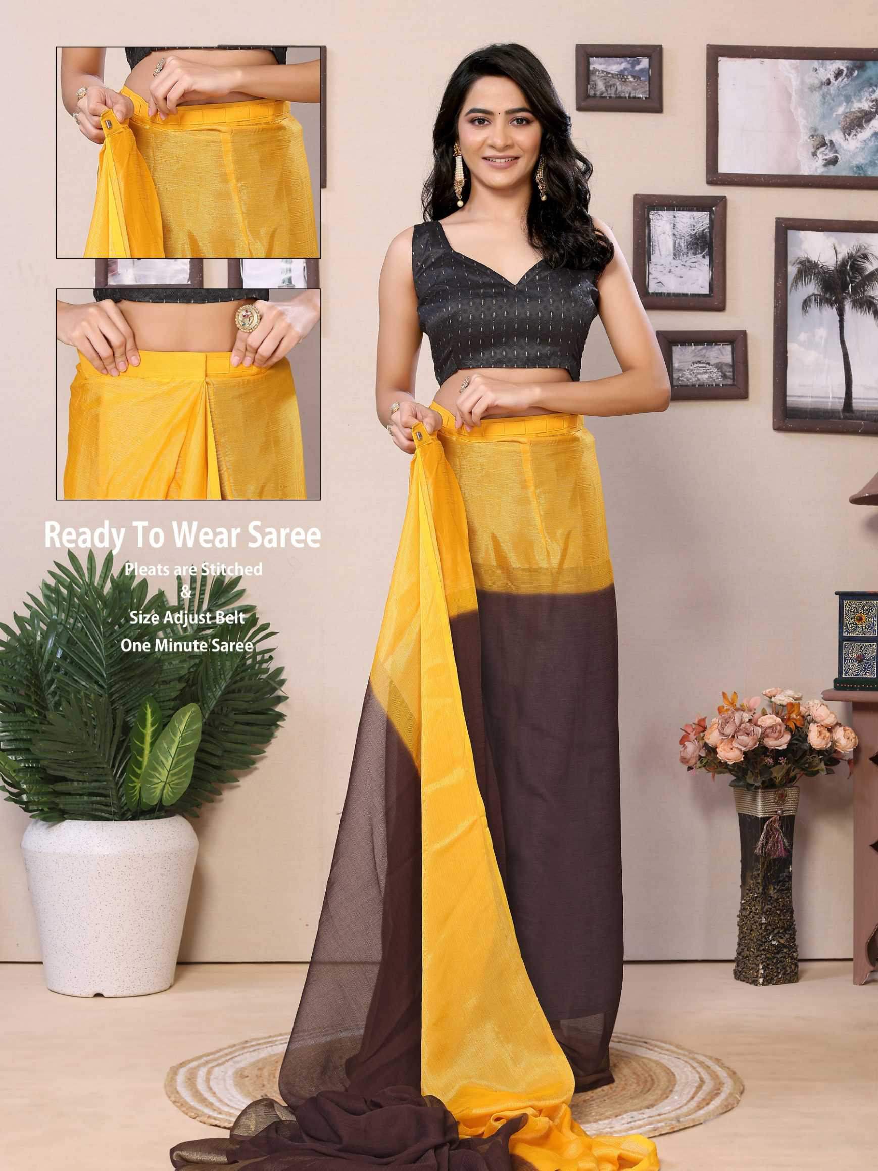 Yellow Ready to wear multi plain chiffon saree with woven stripe work - Image 8