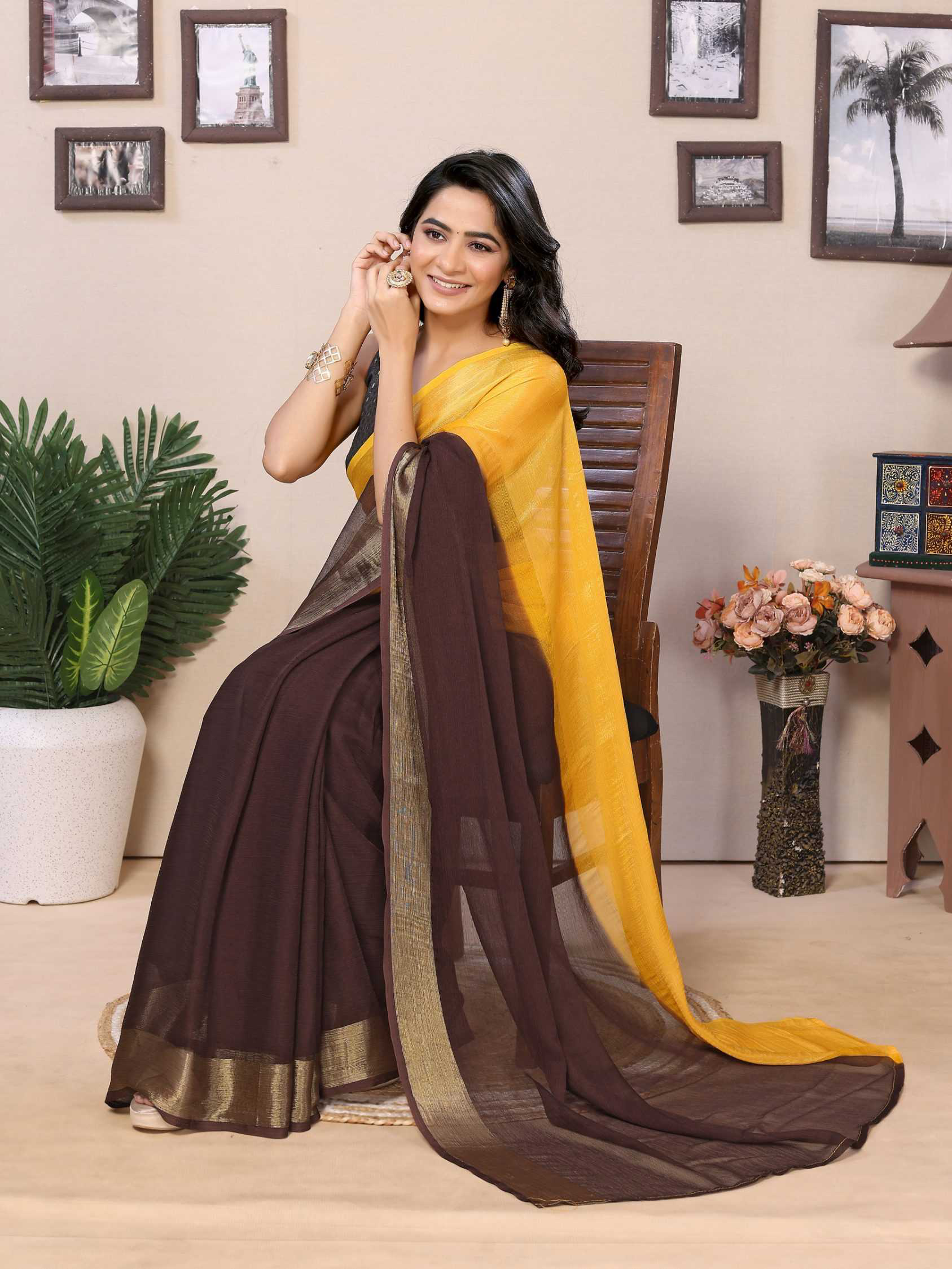 Yellow Ready to wear multi plain chiffon saree with woven stripe work - Image 2