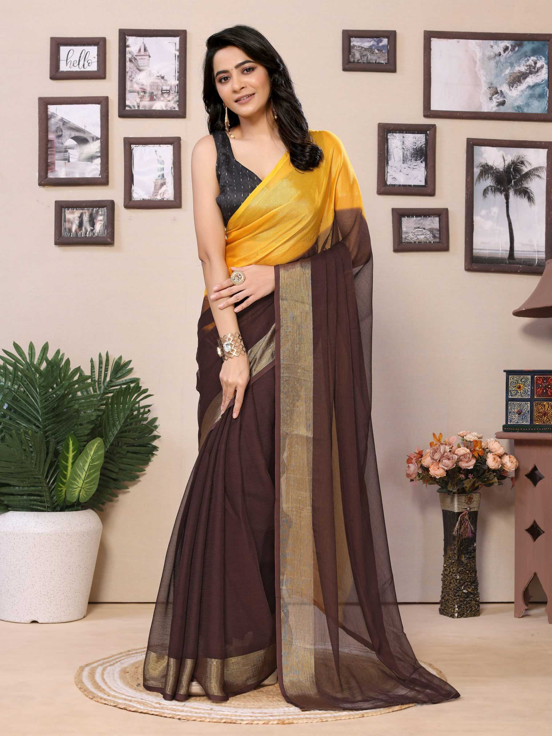 Yellow Ready to wear multi plain chiffon saree with woven stripe work - Image 3