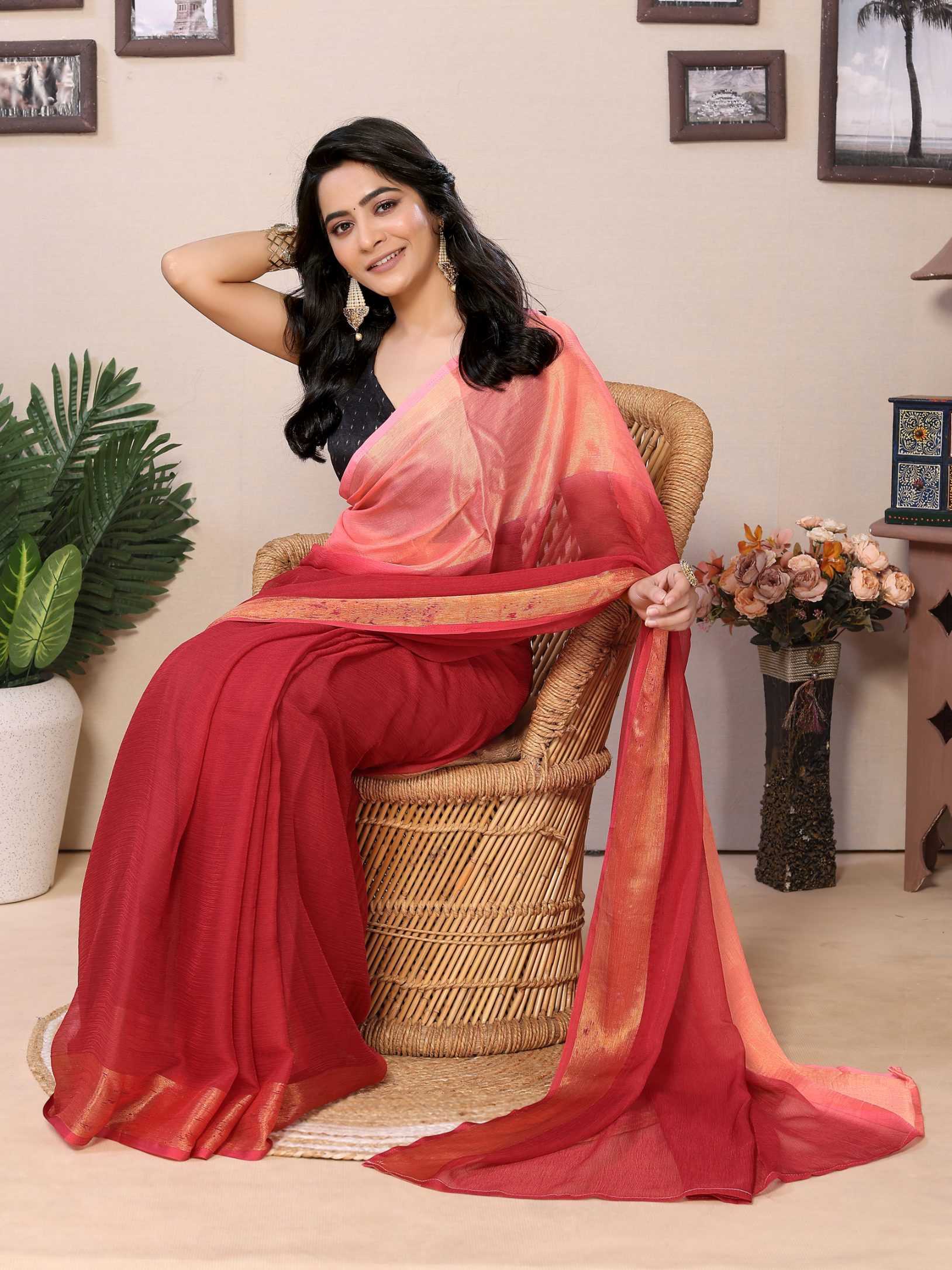 Brown Ready to wear multi plain chiffon saree with woven stripe work - Image 2