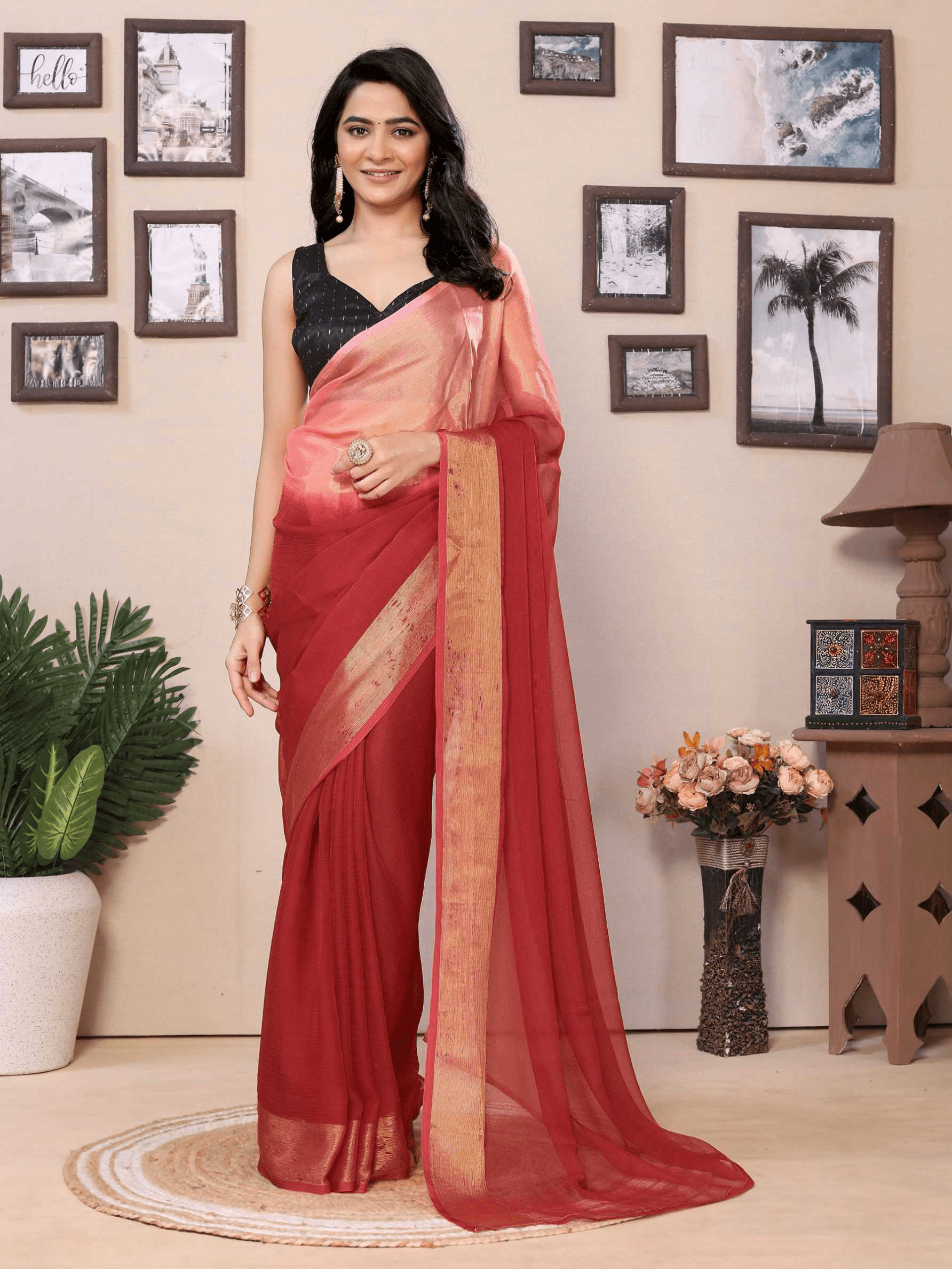 Brown Ready to wear multi plain chiffon saree with woven stripe work