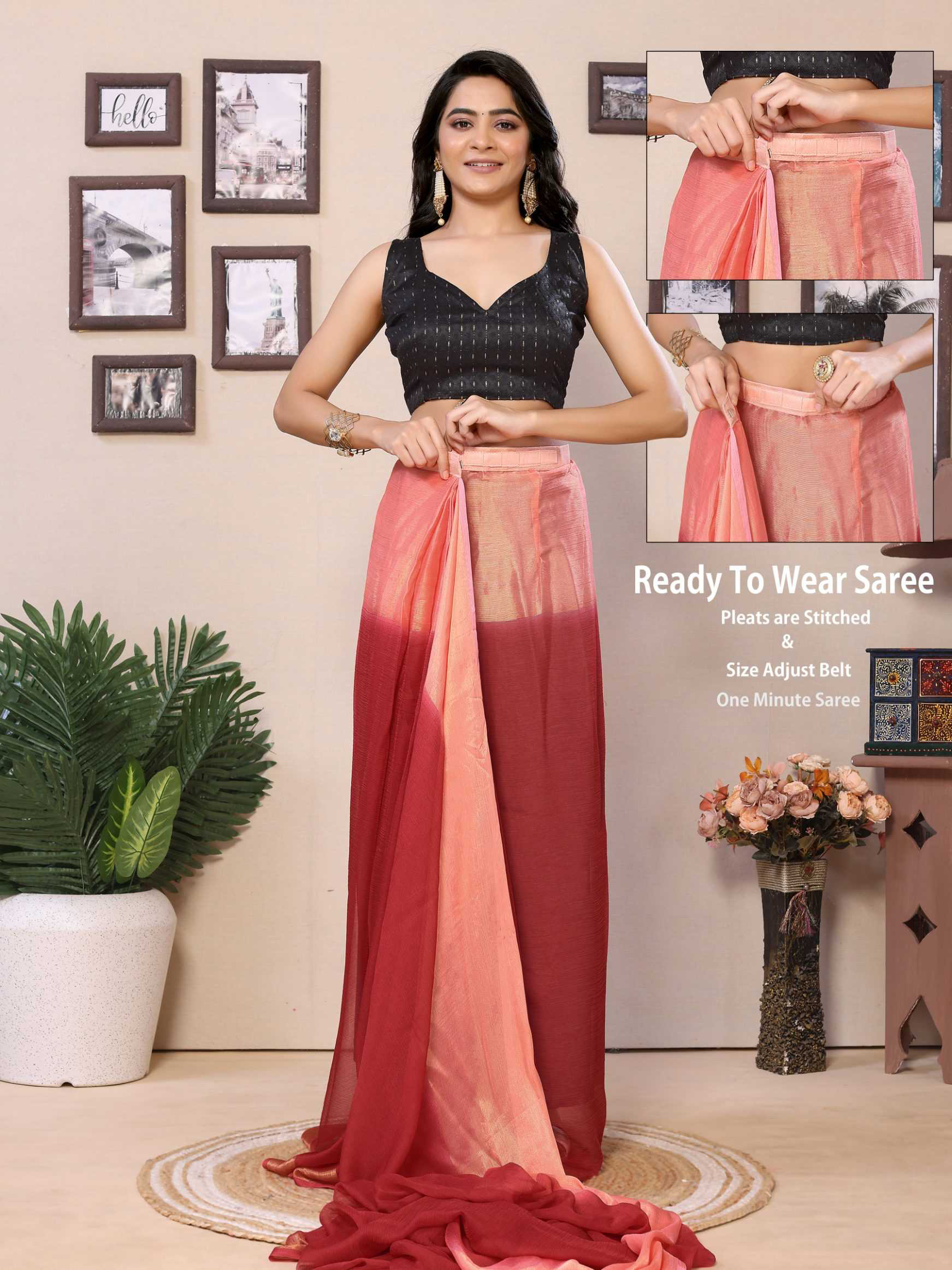 Brown Ready to wear multi plain chiffon saree with woven stripe work - Image 3